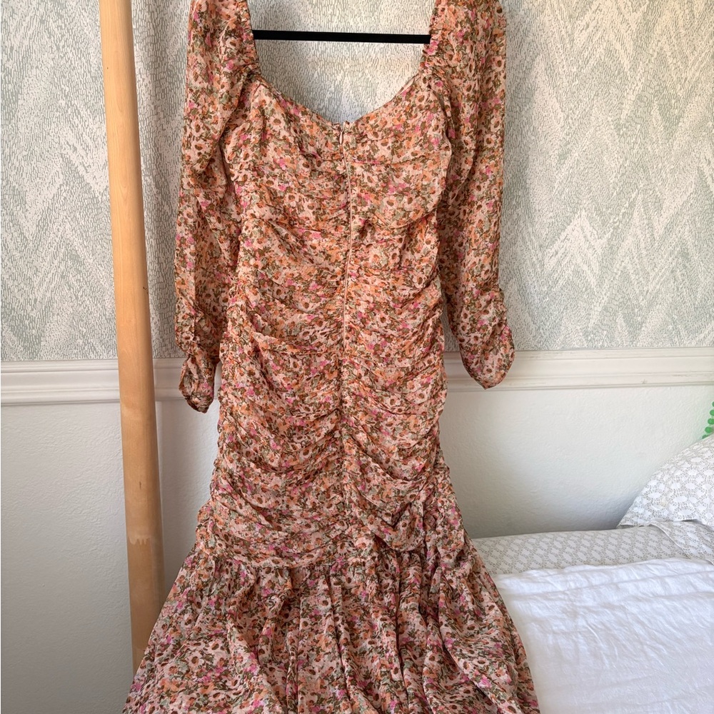 Astr Floral Ruched Midi Dress in Pink and Cream
